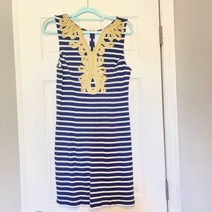 crown & ivy Navy and White Striped Midi Dress with Gold Embroidered Trim